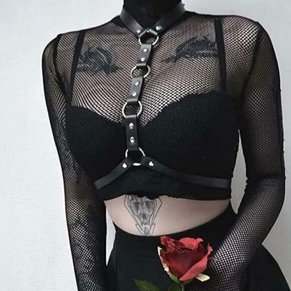 BLACK Leather Waist Shoulder Harness Bra Belt Choker Slave Fetish Bondage NWT - Picture 4 of 9